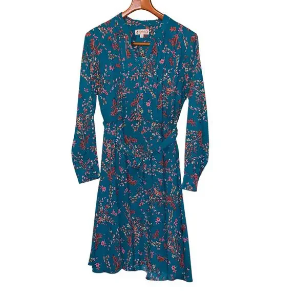 NANETTE by NANETTE LEPORE  teal fit & flare midi L-sleeve floral dress - Picture 6 of 9